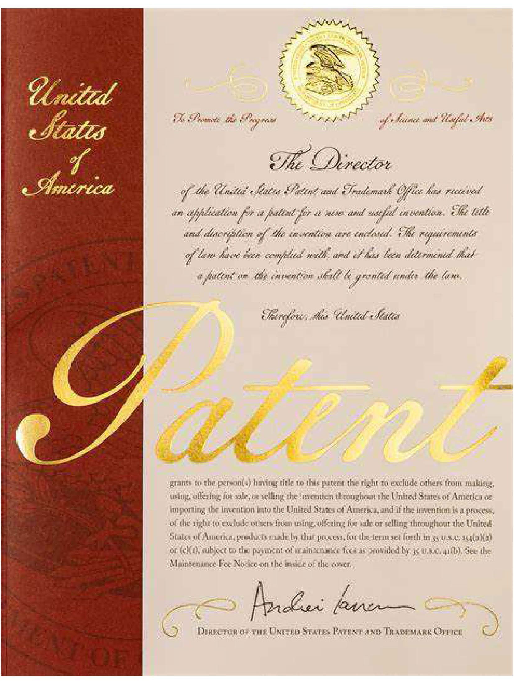 H0812 U.S. Patent Certificate
